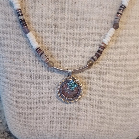 .999 Guardian Angel with tiny enamel cross on puka/ heishi and stone necklace - Picture 1 of 8